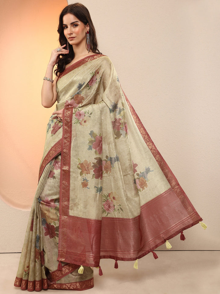 Gold Printed Chinon Saree With Unstitched Blouse Piece