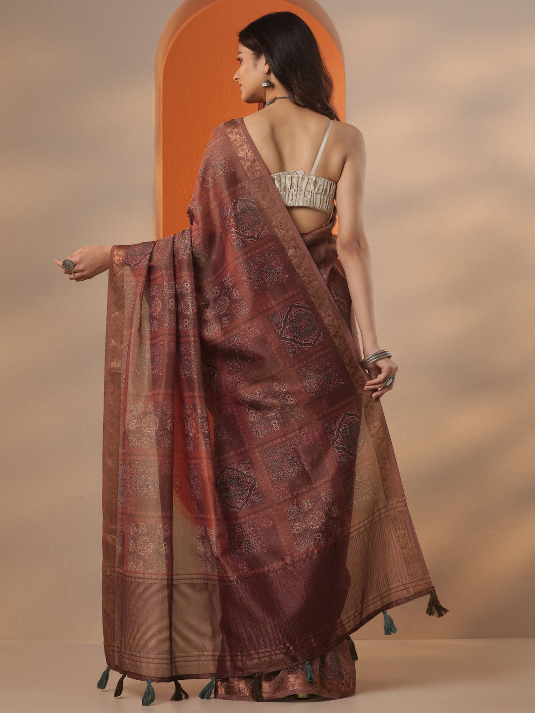 Brown Printed Chinon Saree With Unstitched Blouse Piece