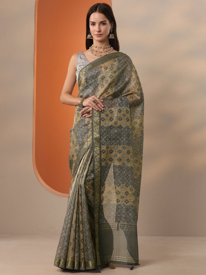 Blue Printed Chinon Saree With Unstitched Blouse Piece