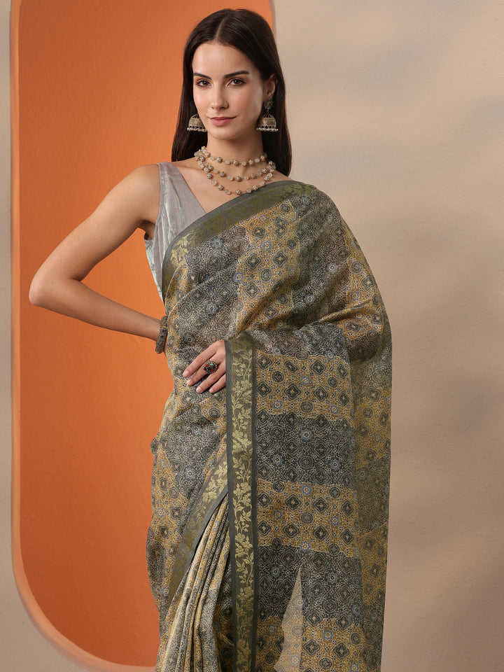 Blue Printed Chinon Saree With Unstitched Blouse Piece
