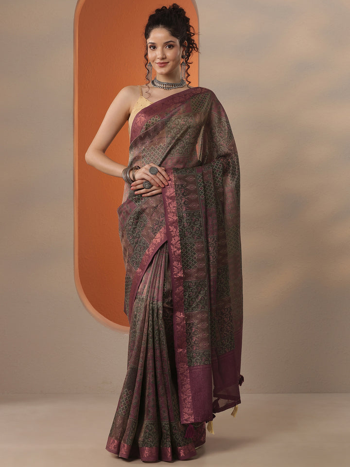 Brown Printed Chinon Saree With Unstitched Blouse Piece