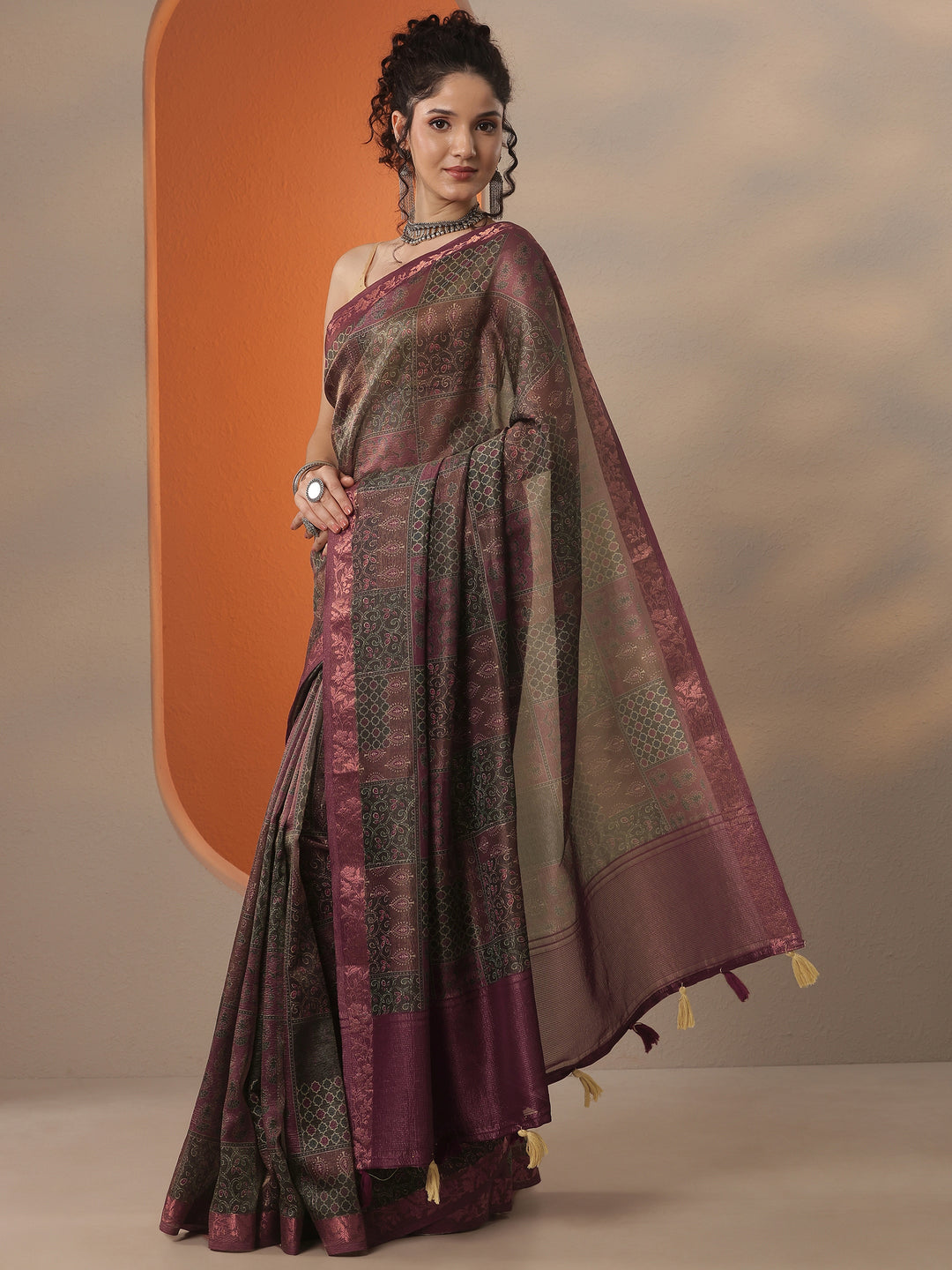 Brown Printed Chinon Saree With Unstitched Blouse Piece