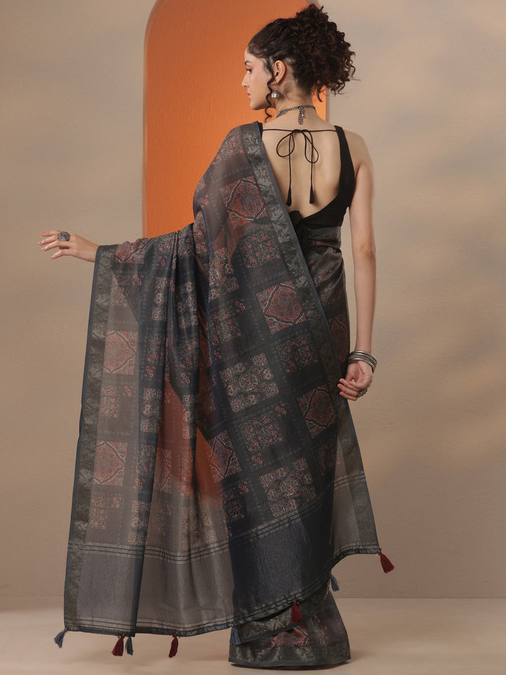 Grey Printed Chinon Saree With Unstitched Blouse Piece