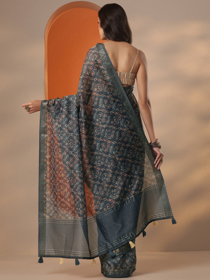 Blue Printed Chinon Saree With Unstitched Blouse Piece
