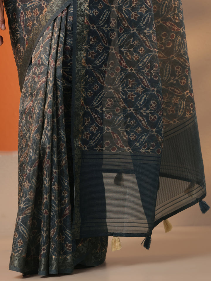 Blue Printed Chinon Saree With Unstitched Blouse Piece