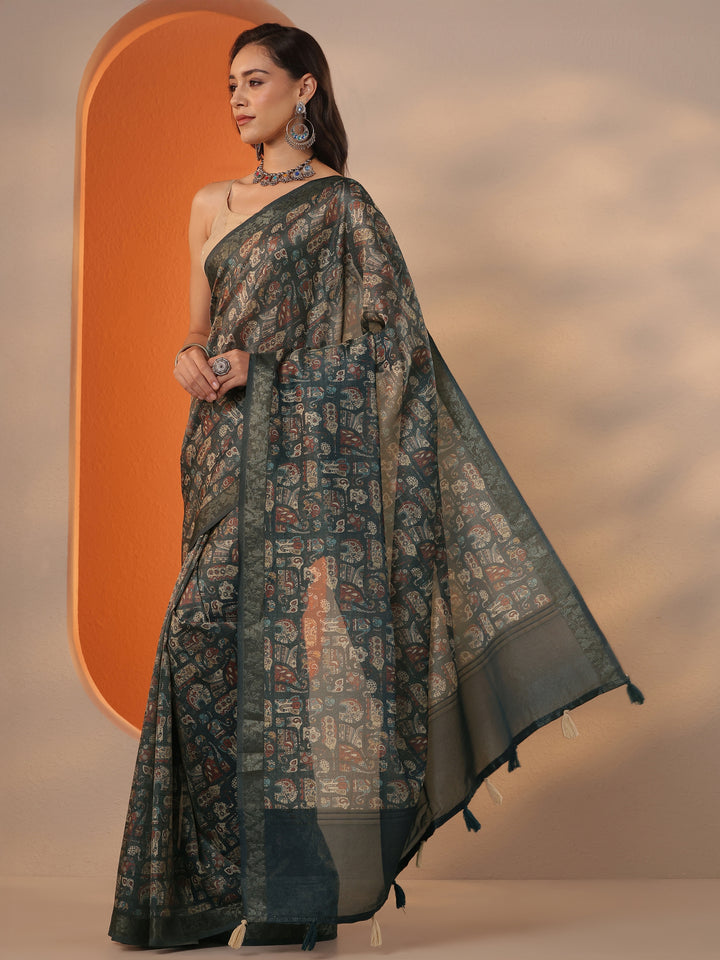 Blue Tribal Printed Chinon Saree With Unstitched Blouse Piece