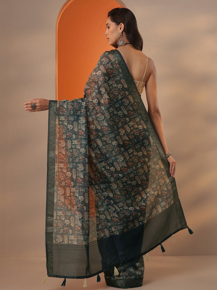 Blue Tribal Printed Chinon Saree With Unstitched Blouse Piece