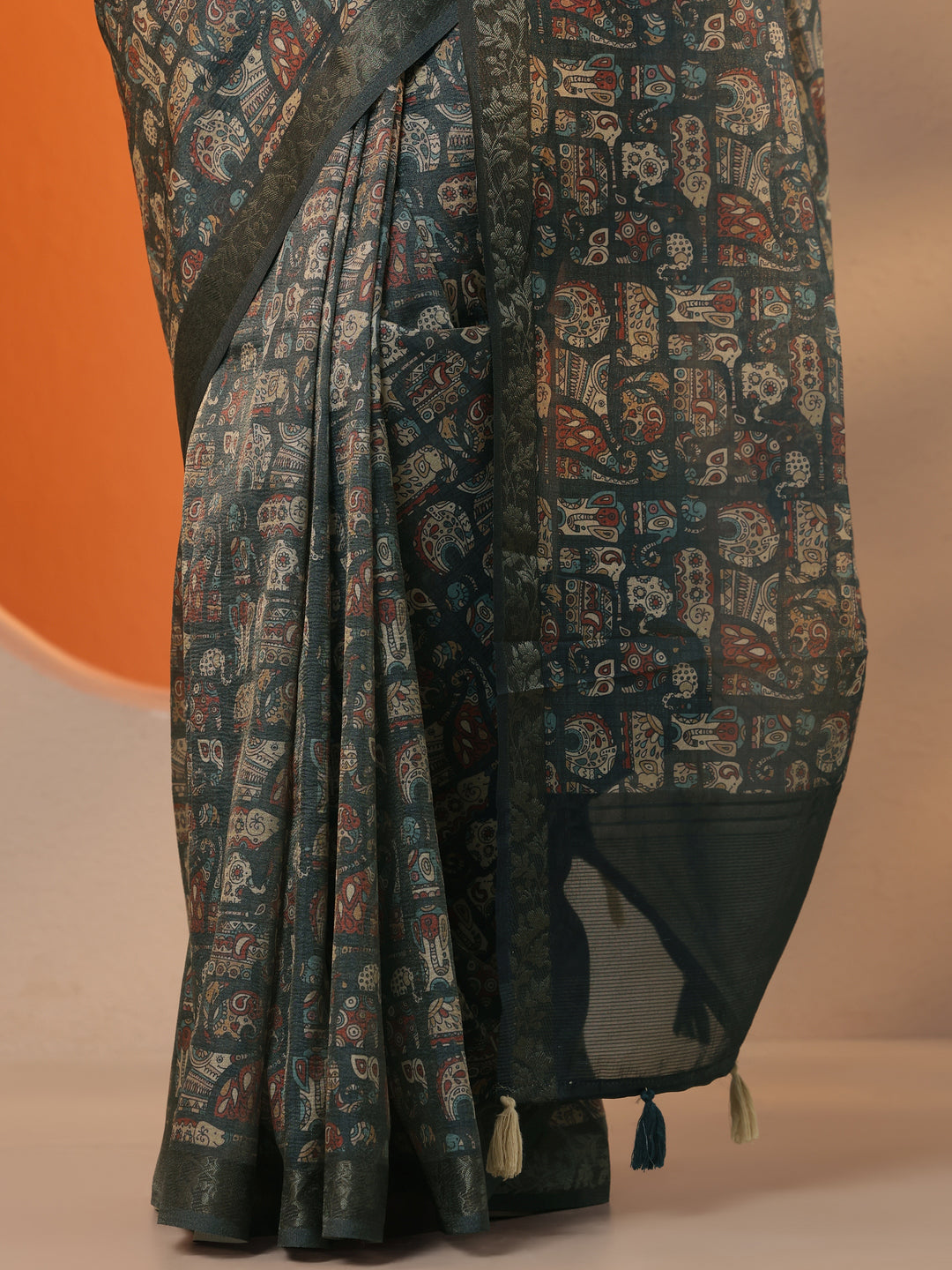 Blue Tribal Printed Chinon Saree With Unstitched Blouse Piece
