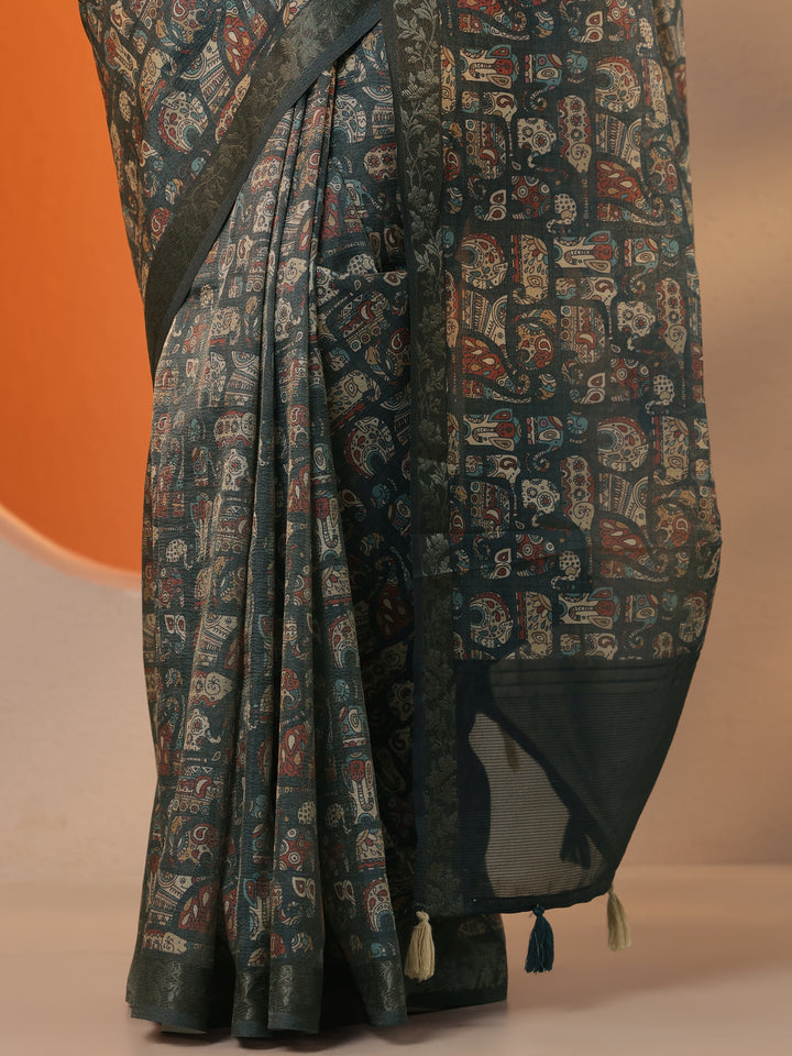 Blue Tribal Printed Chinon Saree With Unstitched Blouse Piece