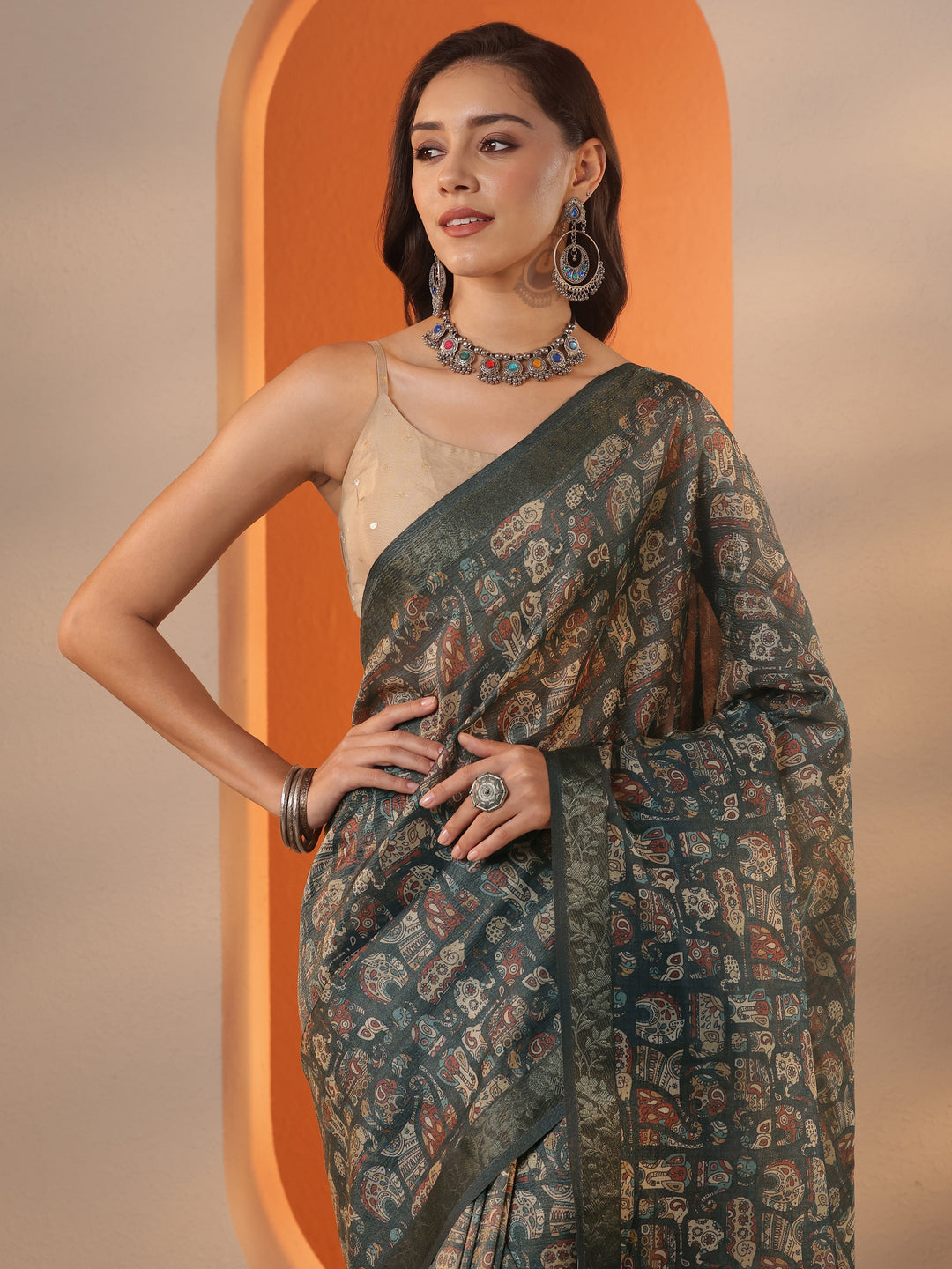 Blue Tribal Printed Chinon Saree With Unstitched Blouse Piece