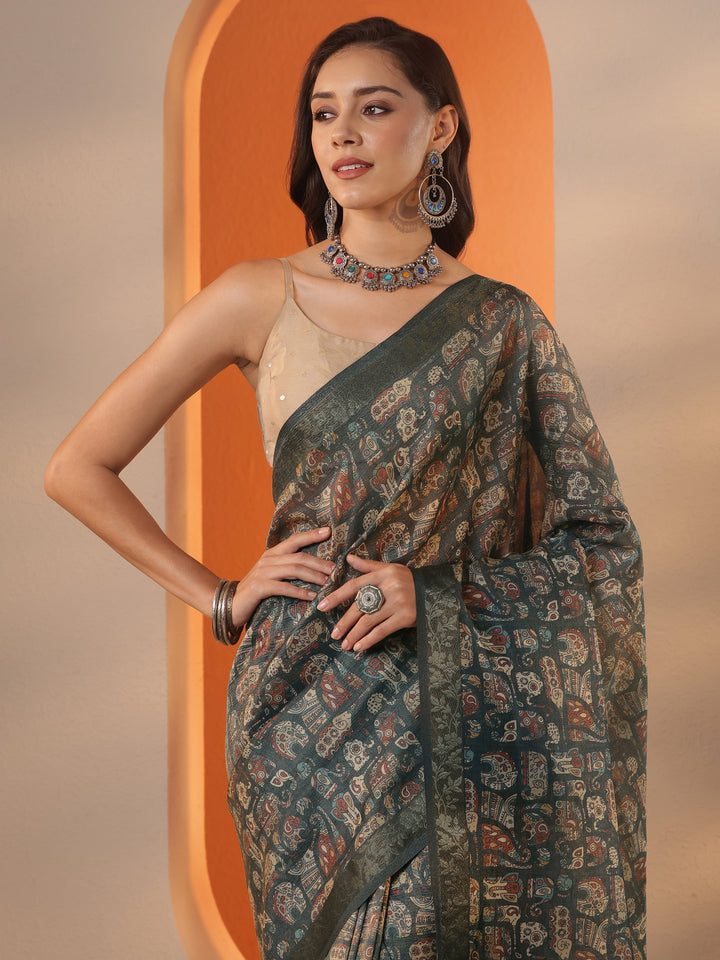 Blue Tribal Printed Chinon Saree With Unstitched Blouse Piece