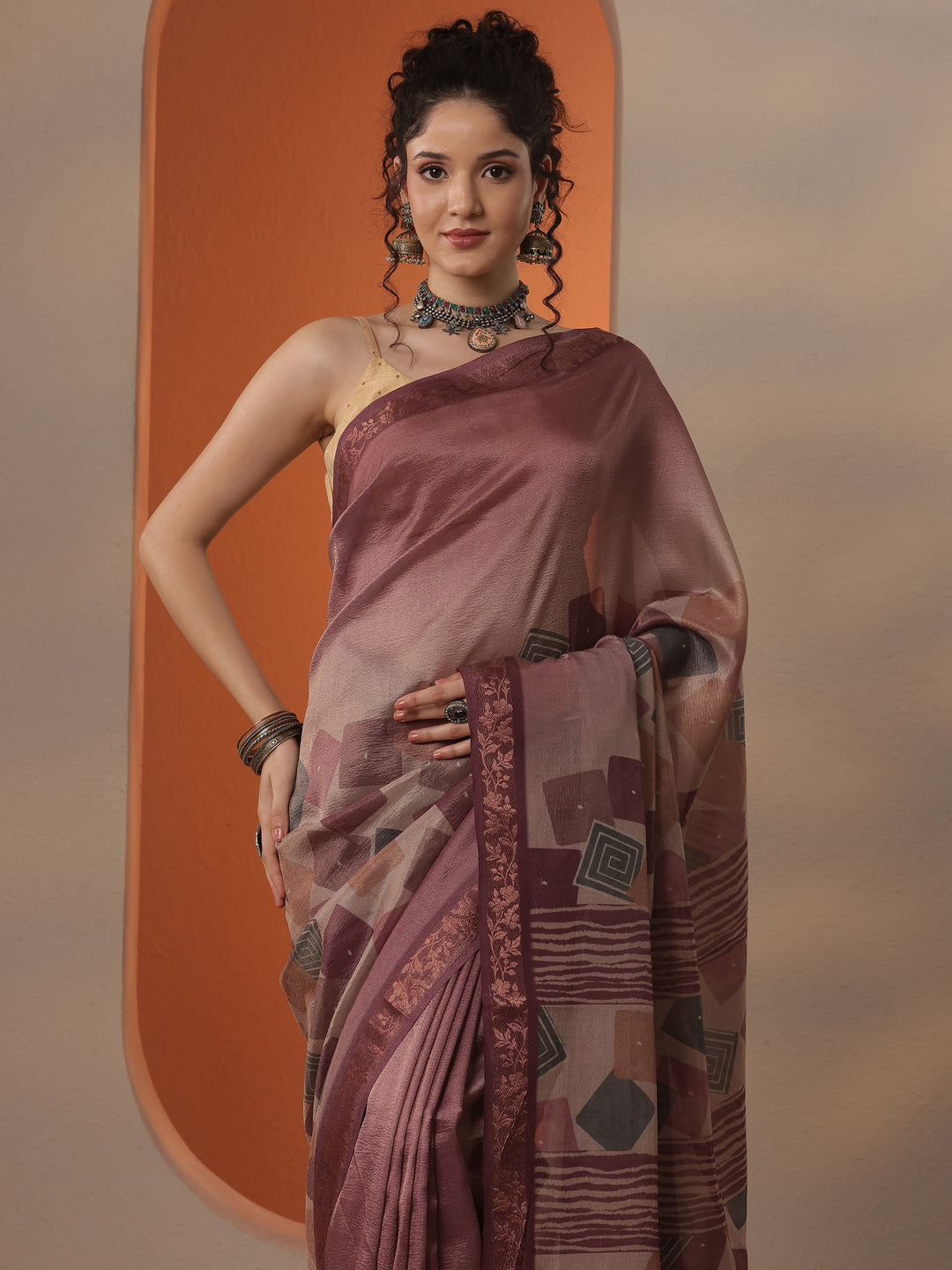 Mauve Printed Chinon Saree With Unstitched Blouse Piece