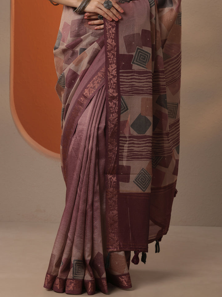 Mauve Printed Chinon Saree With Unstitched Blouse Piece