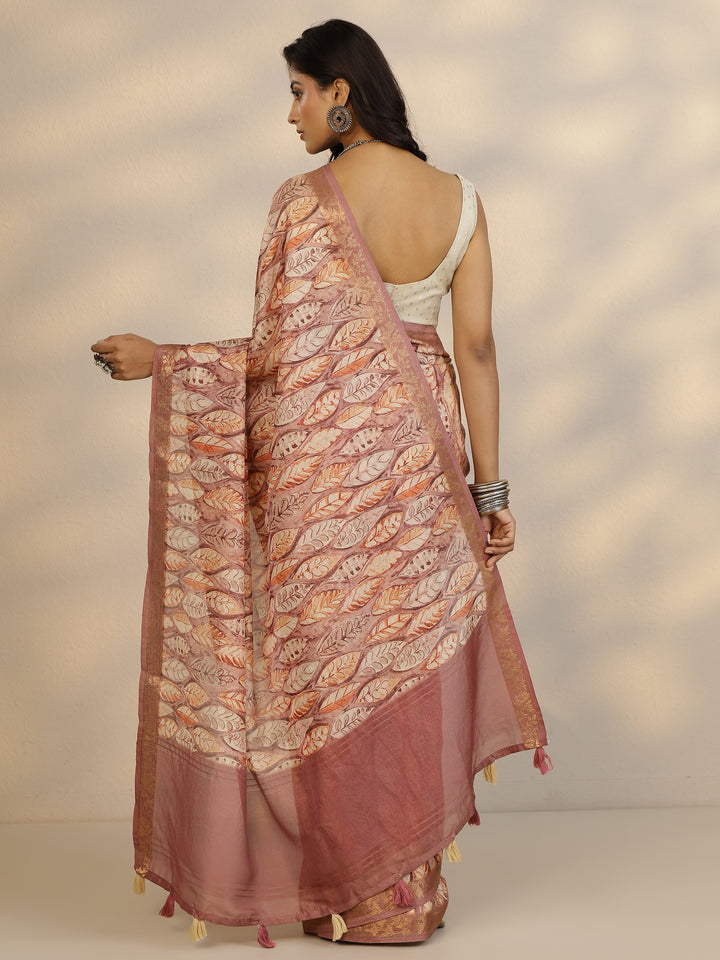 Mauve Printed Chinon Saree With Unstitched Blouse Piece
