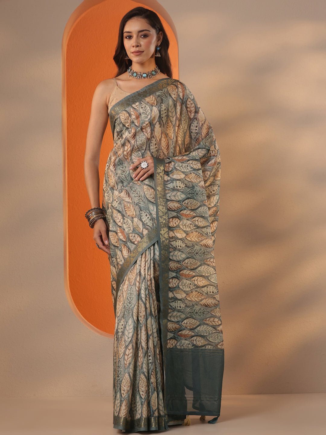 Blue Printed Chinon Saree With Unstitched Blouse Piece