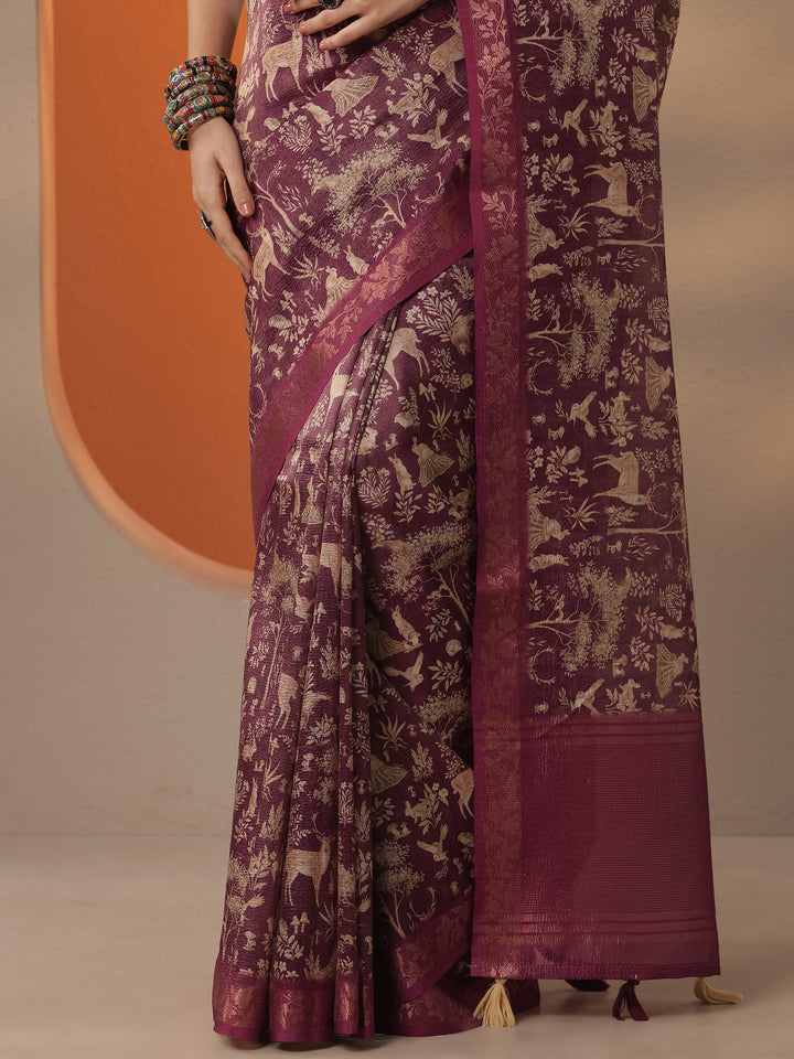 Burgundy Tribal Printed Chinon Saree With Unstitched Blouse Piece