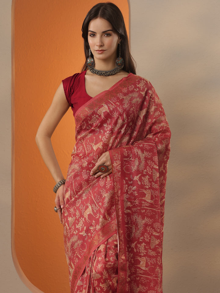 Red Tribal Printed Chinon Saree With Unstitched Blouse Piece