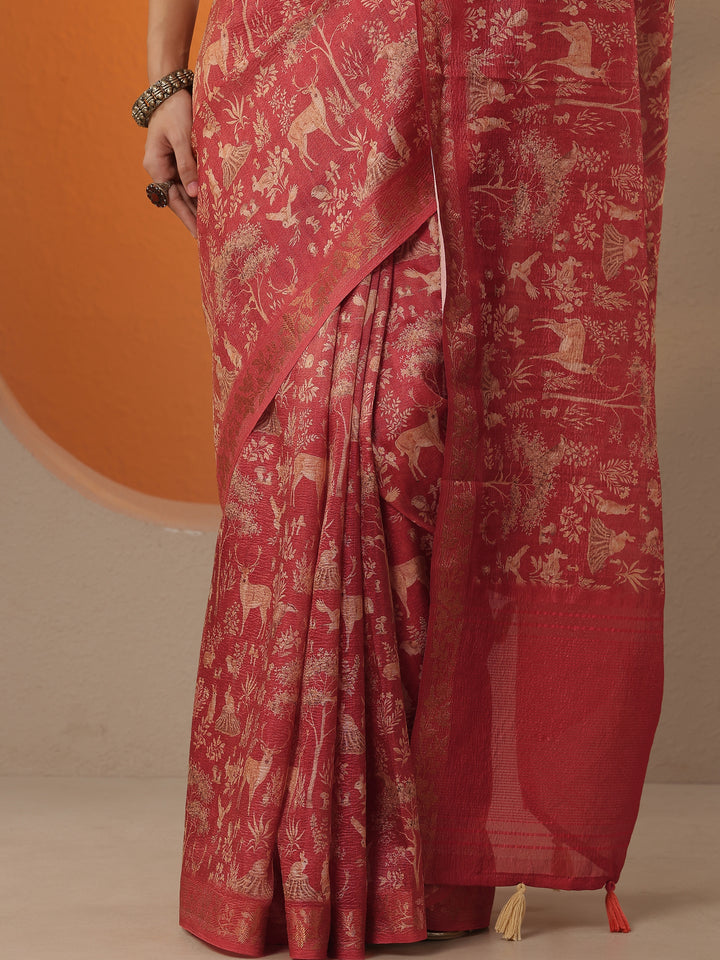 Red Tribal Printed Chinon Saree With Unstitched Blouse Piece