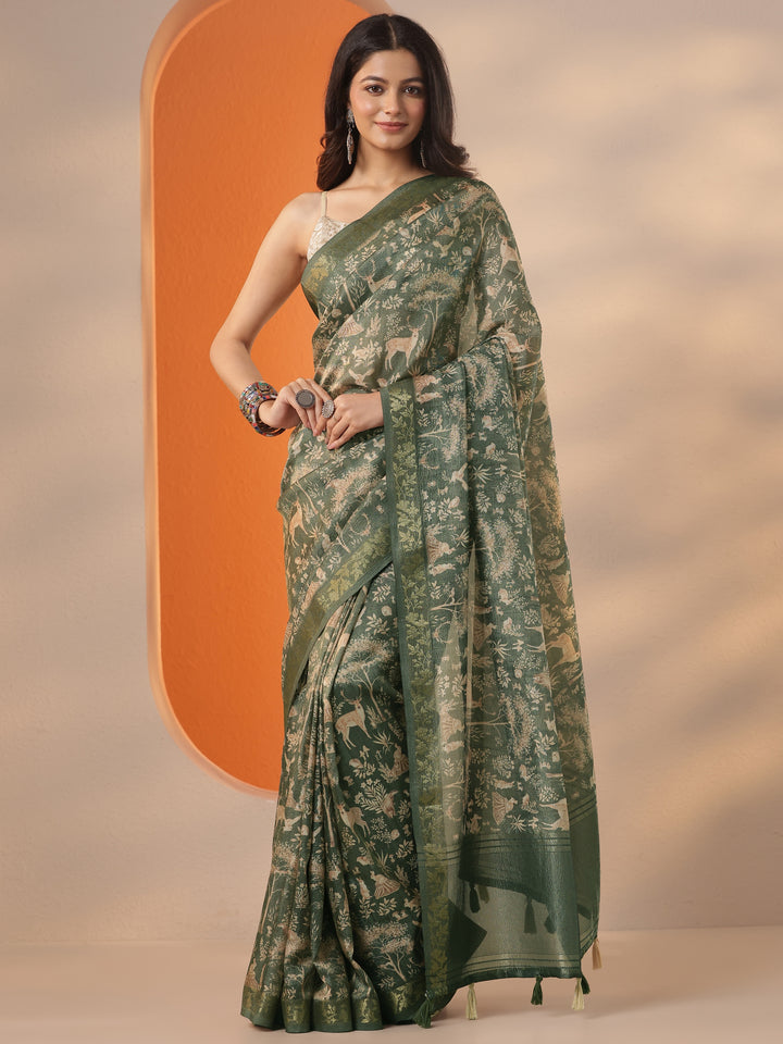 Green Tribal Printed Chinon Saree With Unstitched Blouse Piece
