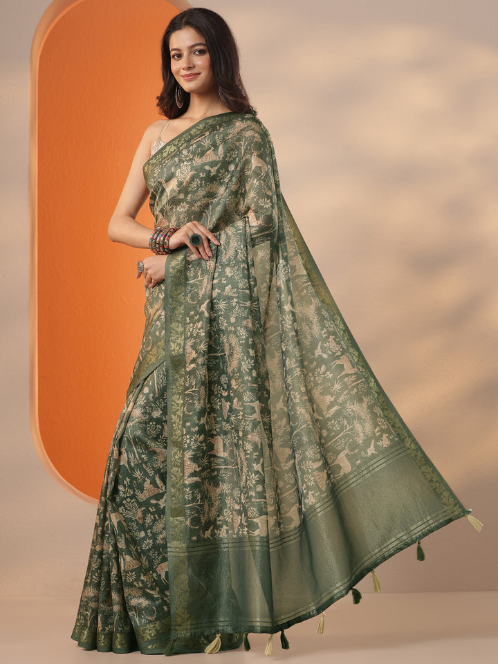 Green Tribal Printed Chinon Saree With Unstitched Blouse Piece