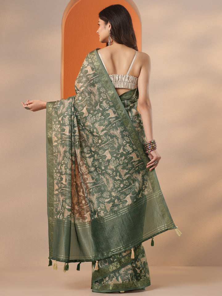 Green Tribal Printed Chinon Saree With Unstitched Blouse Piece