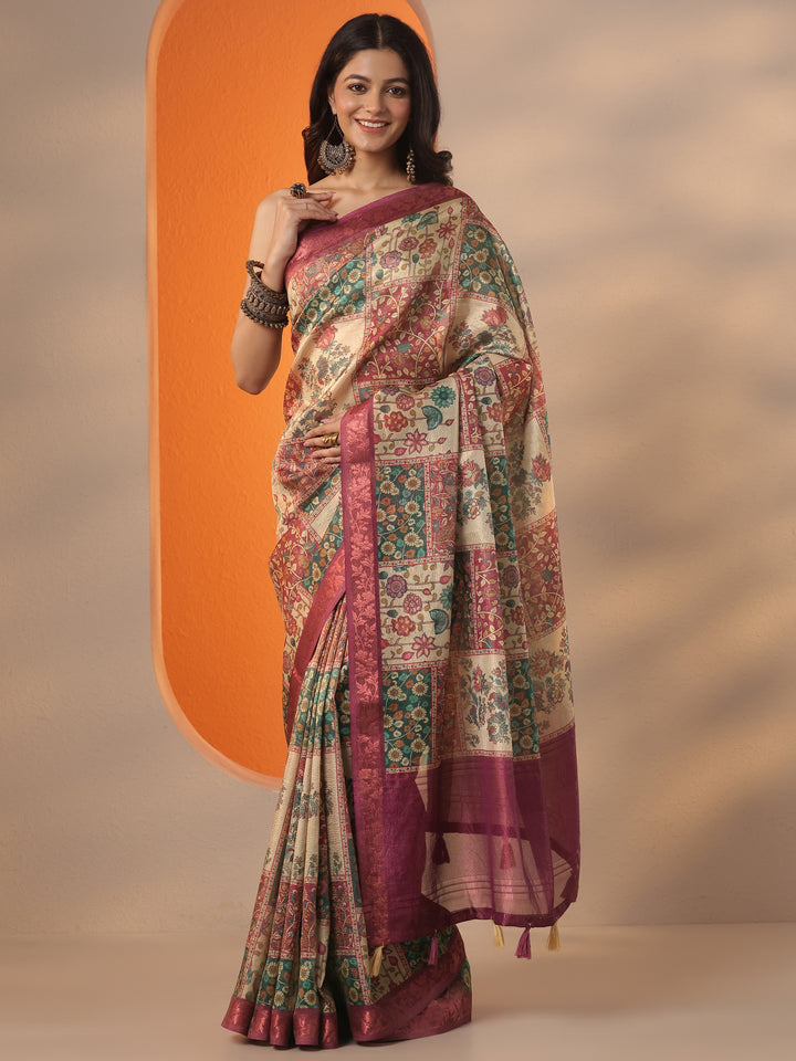 Multi Printed Chinon Saree With Unstitched Blouse Piece