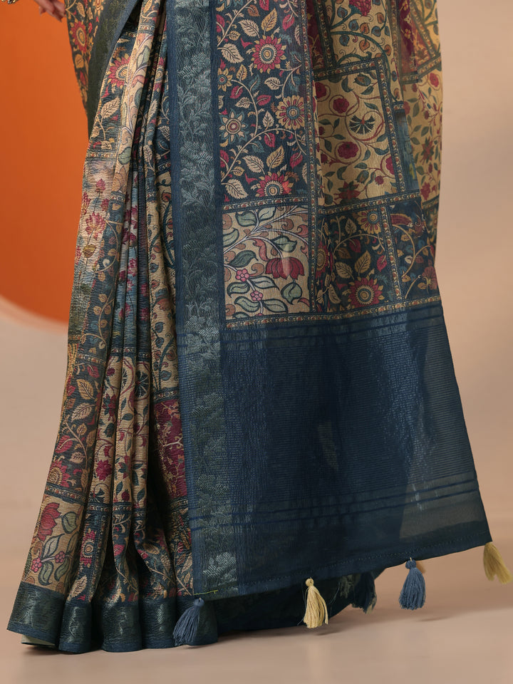 Multi Printed Chinon Saree With Unstitched Blouse Piece