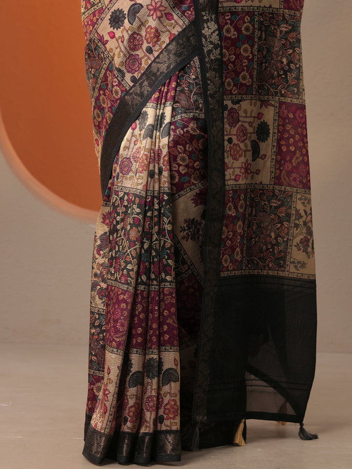Multi Printed Chinon Saree With Unstitched Blouse Piece