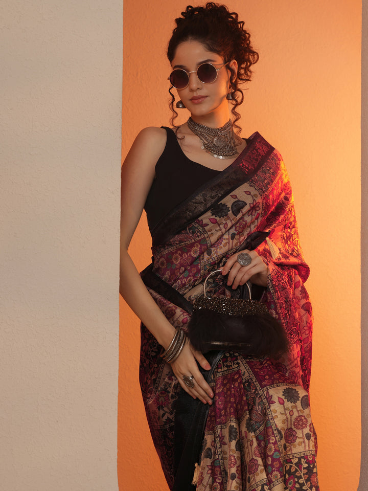 Multi Printed Chinon Saree With Unstitched Blouse Piece