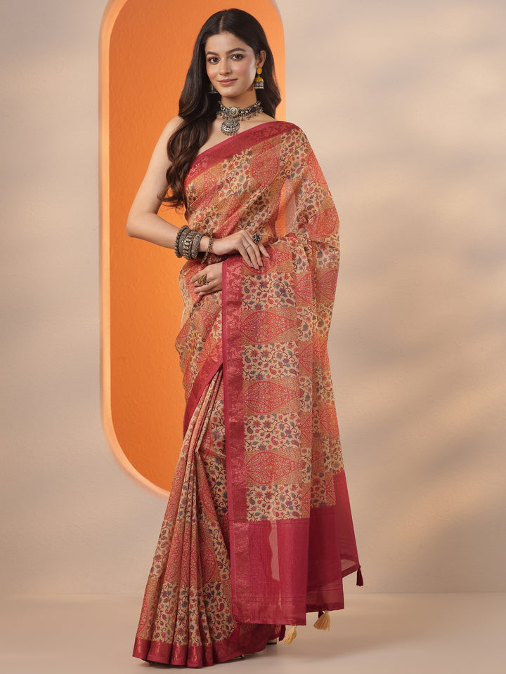 Multi Printed Chinon Saree With Unstitched Blouse Piece