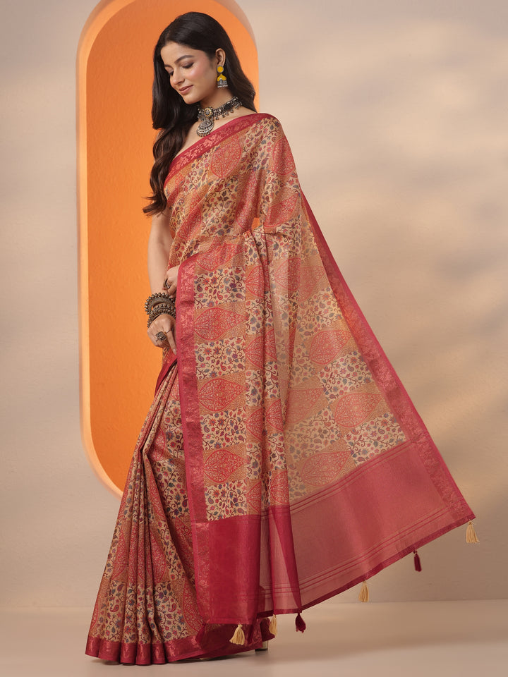 Multi Printed Chinon Saree With Unstitched Blouse Piece