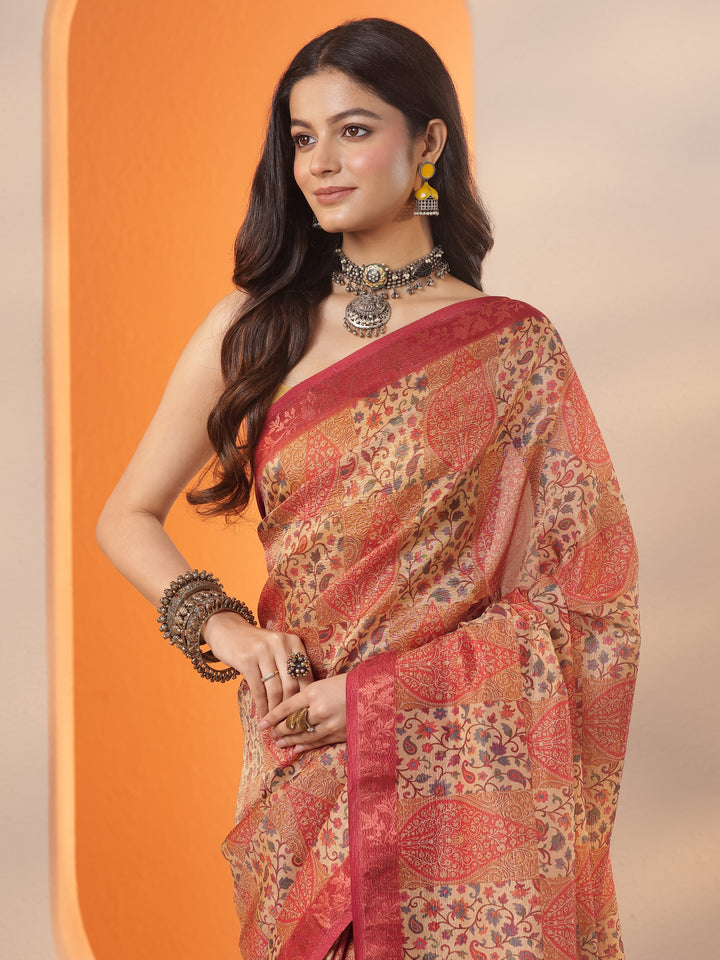 Multi Printed Chinon Saree With Unstitched Blouse Piece