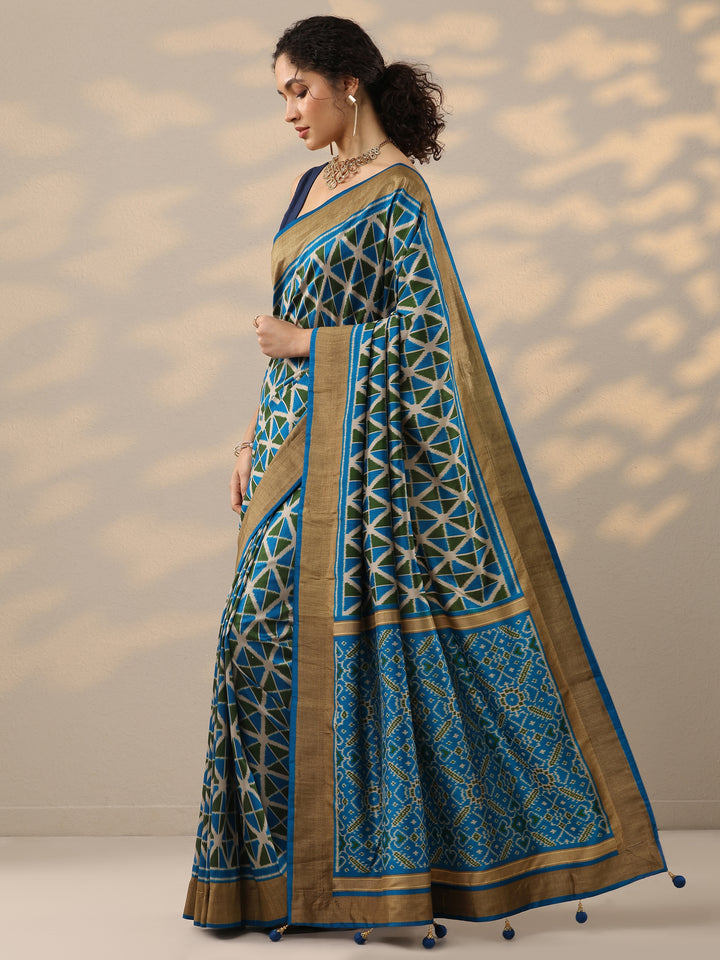 Blue Printed Silk Blend Saree With Unstitched Blouse Piece