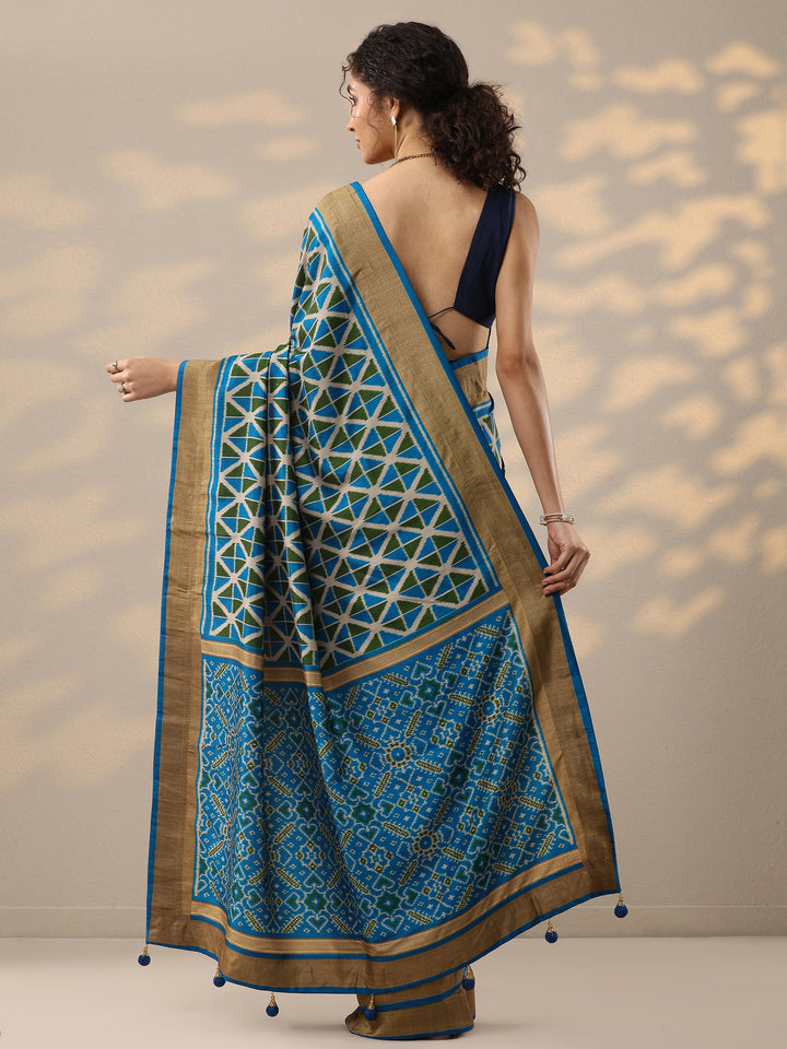 Blue Printed Silk Blend Saree With Unstitched Blouse Piece