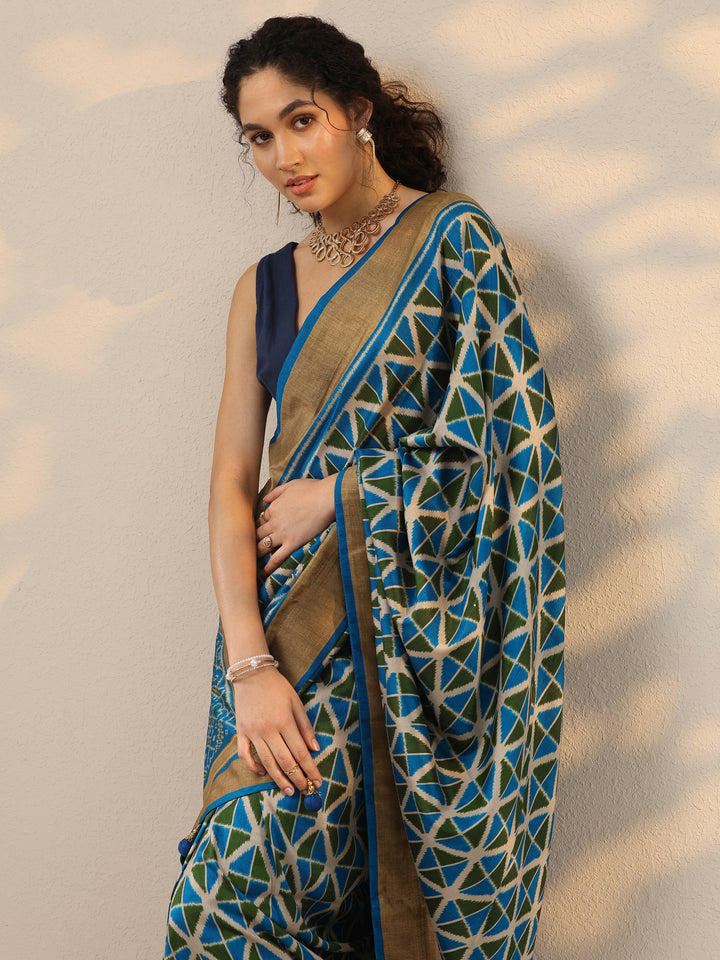 Blue Printed Silk Blend Saree With Unstitched Blouse Piece