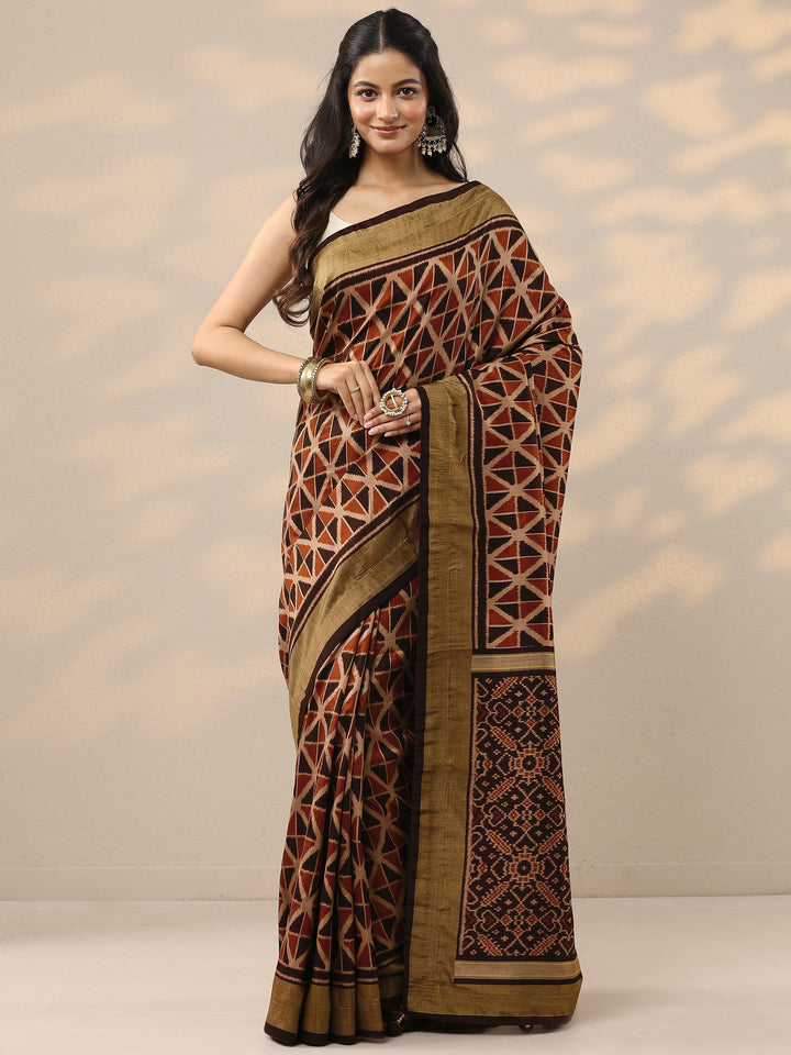 Red Printed Silk Blend Saree With Unstitched Blouse Piece