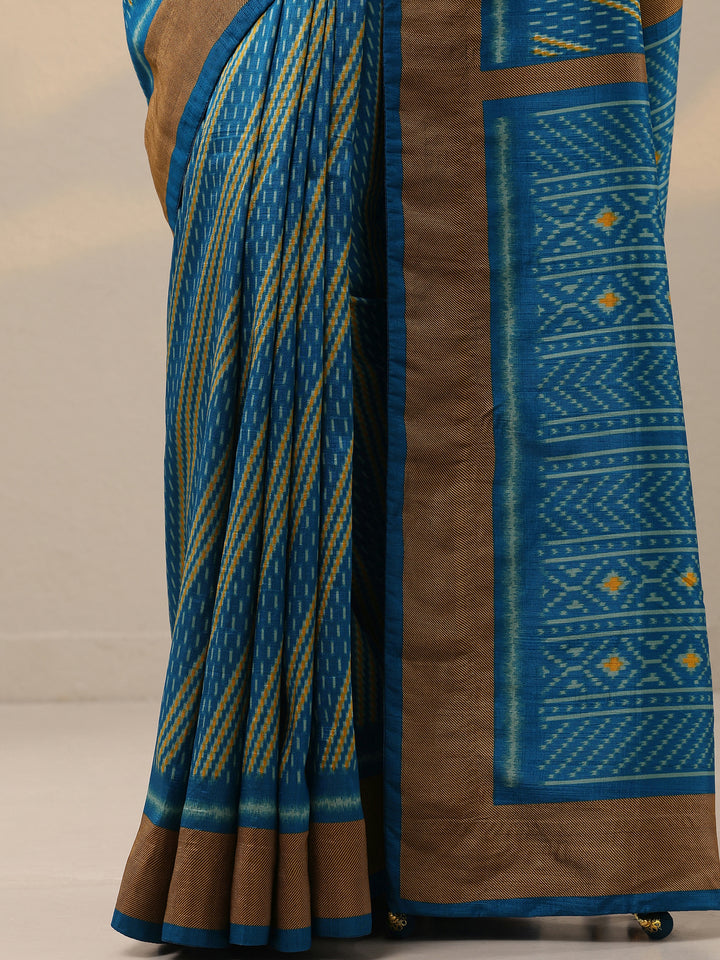 Blue Printed Silk Blend Saree With Unstitched Blouse Piece