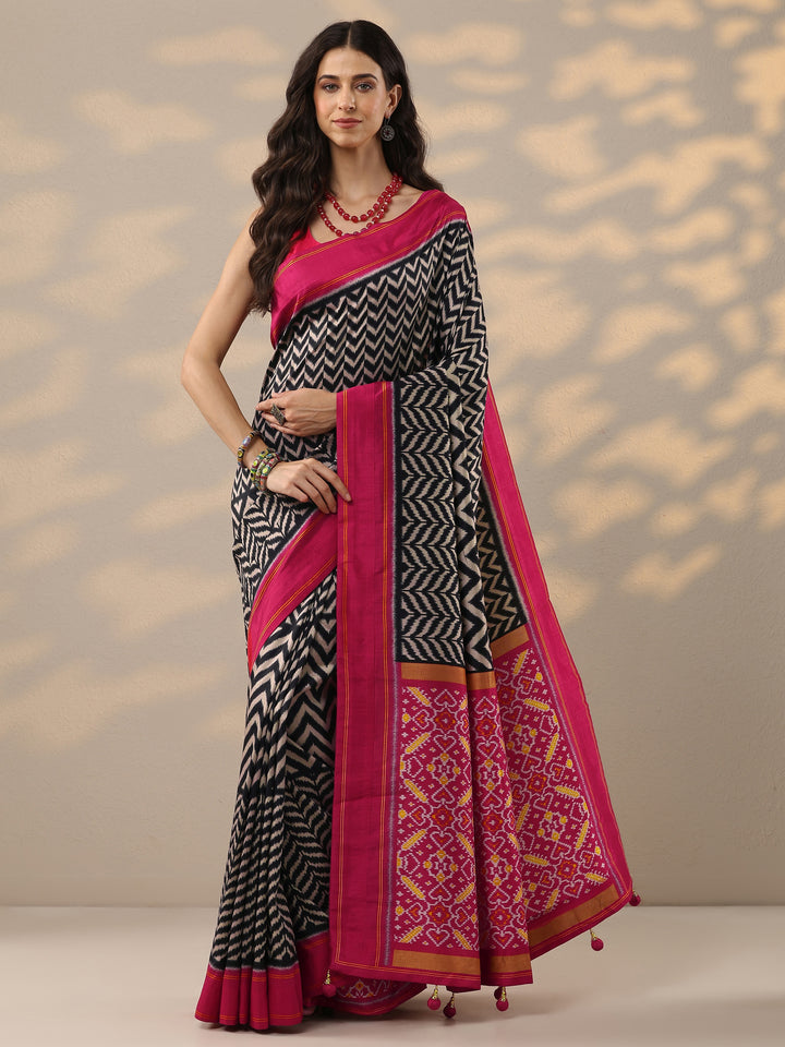 Black Leheriya Printed Silk Blend Saree With Unstitched Blouse Piece