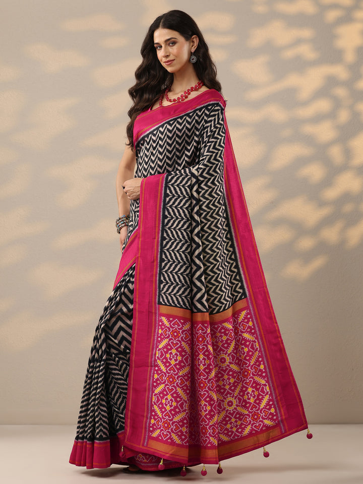 Black Leheriya Printed Silk Blend Saree With Unstitched Blouse Piece