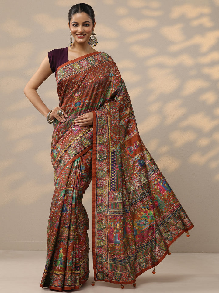 Red Printed Silk Blend Saree With Unstitched Blouse Piece