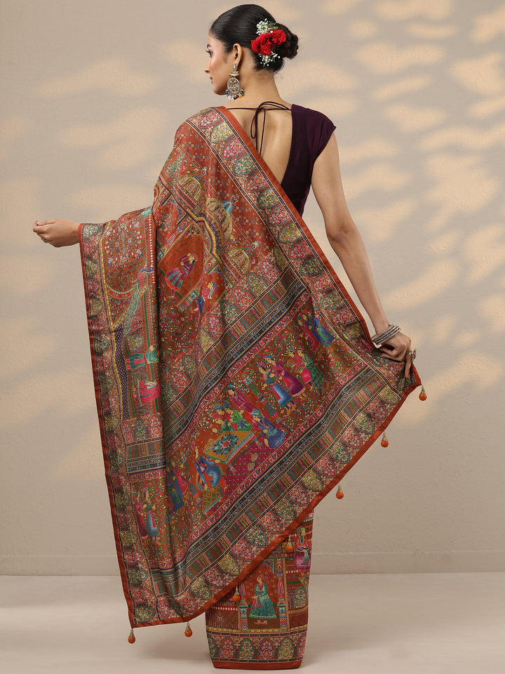 Red Printed Silk Blend Saree With Unstitched Blouse Piece