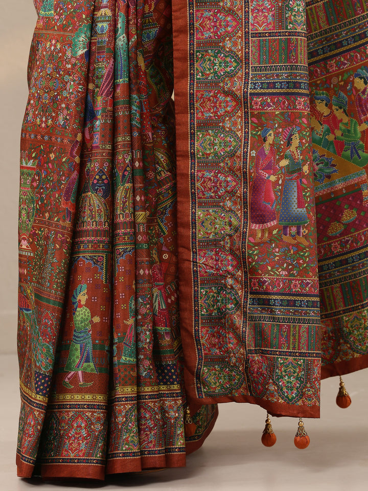 Red Printed Silk Blend Saree With Unstitched Blouse Piece