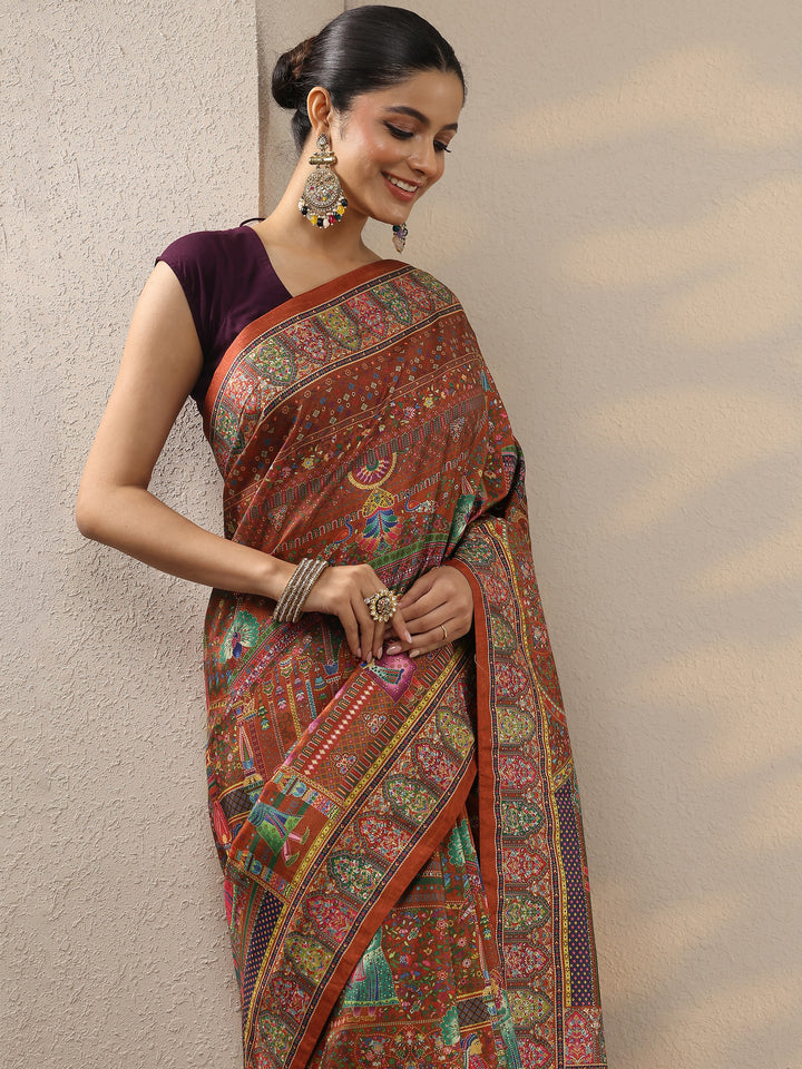 Red Printed Silk Blend Saree With Unstitched Blouse Piece