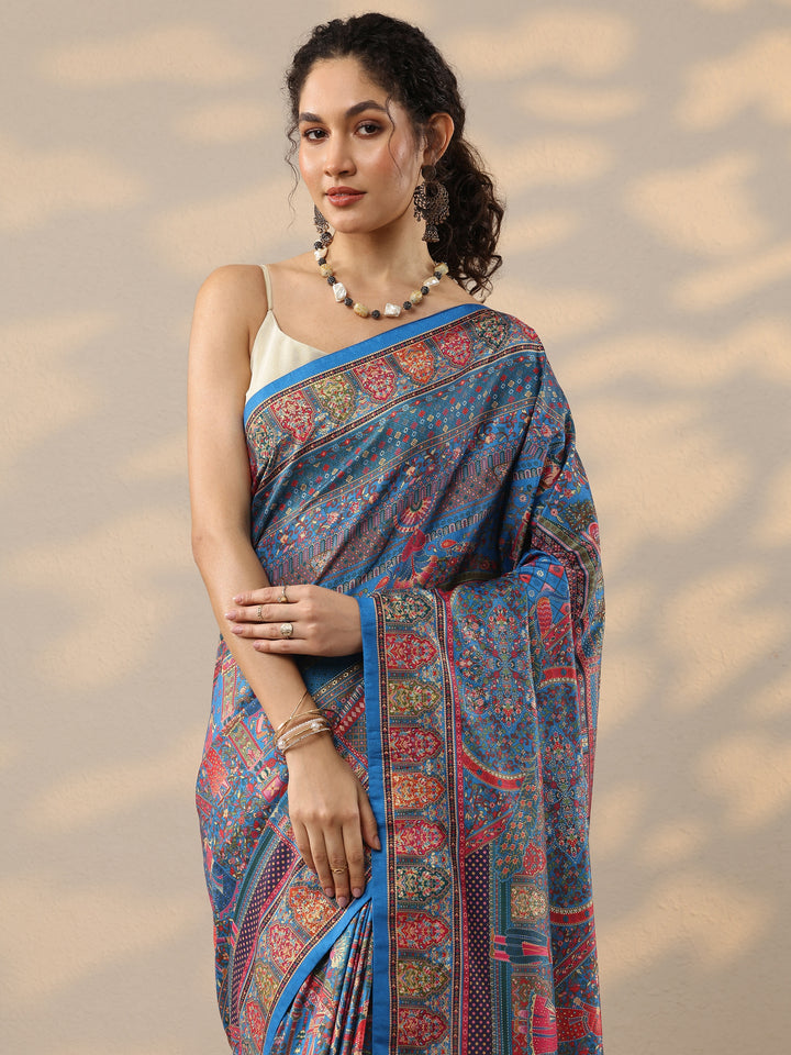 Blue Printed Silk Blend Saree With Unstitched Blouse Piece