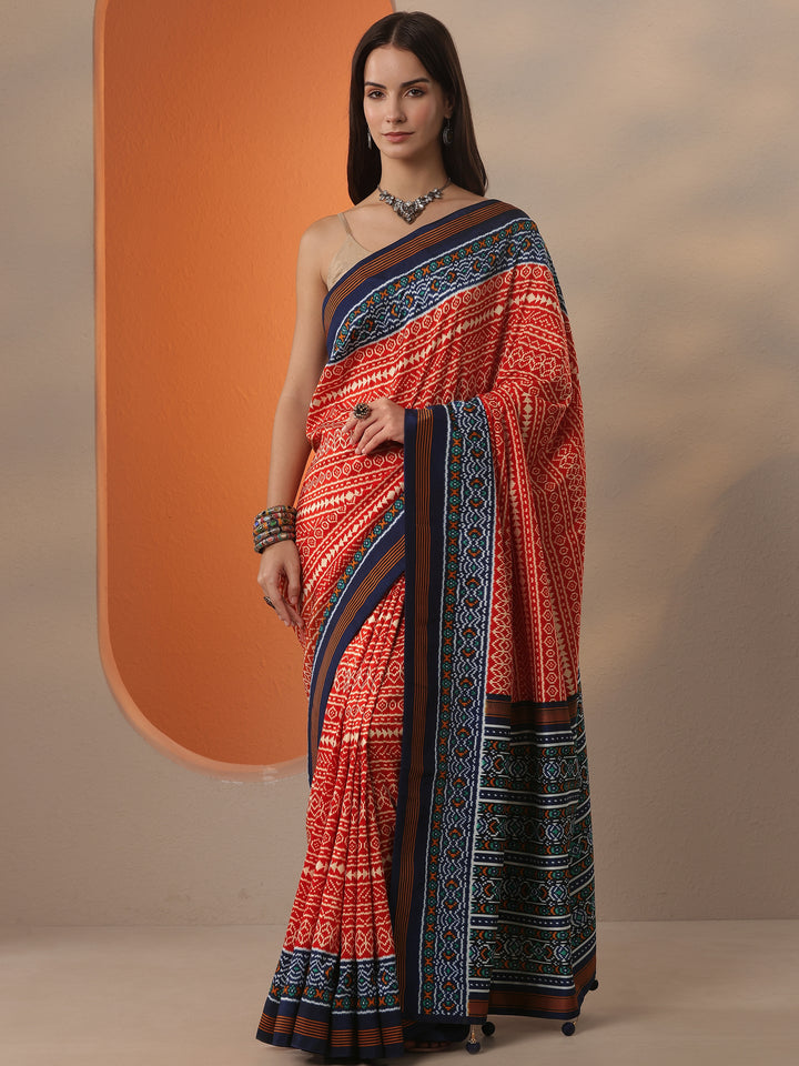 Orange Printed Silk Blend Saree With Unstitched Blouse Piece