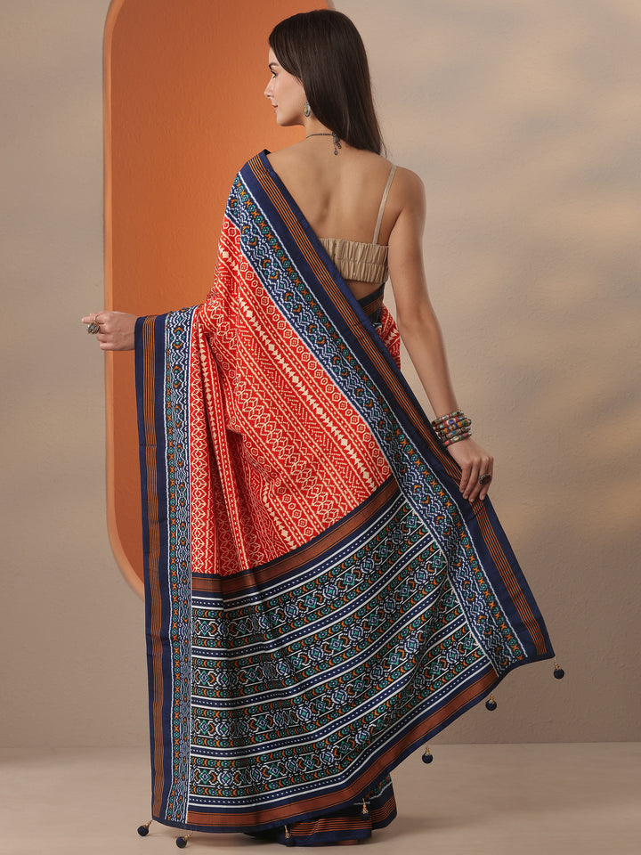 Orange Printed Silk Blend Saree With Unstitched Blouse Piece
