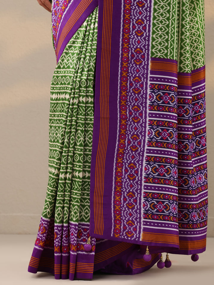 Green Printed Silk Blend Saree With Unstitched Blouse Piece