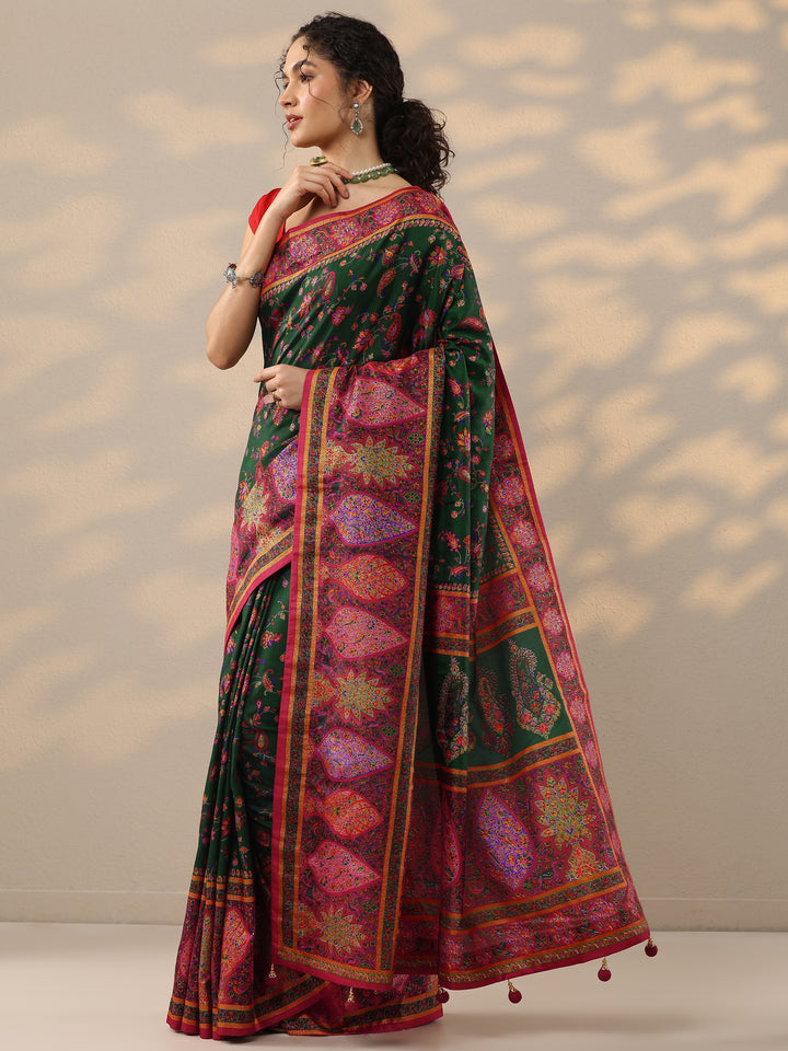 Green Printed Silk Blend Saree With Unstitched Blouse Piece