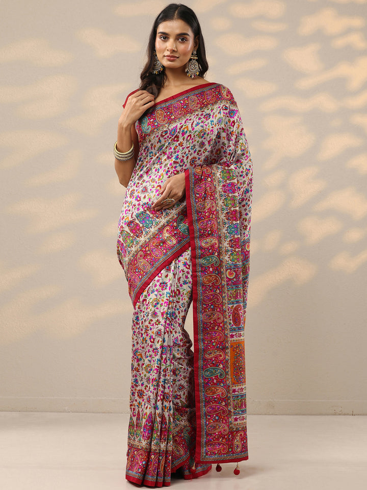 Multi Printed Silk Blend Saree With Unstitched Blouse Piece