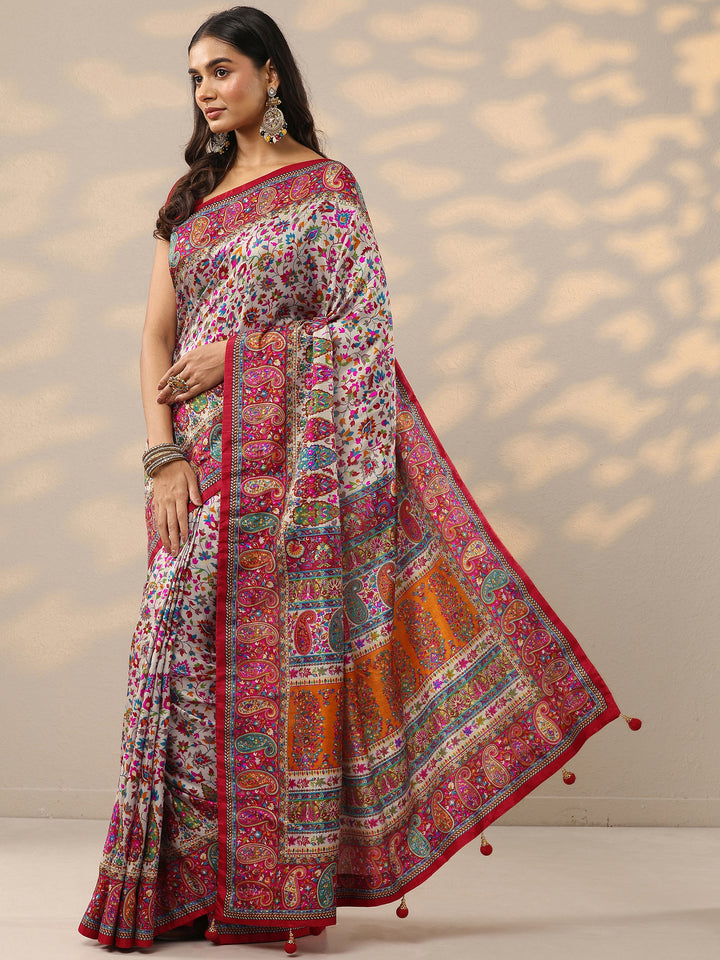 Multi Printed Silk Blend Saree With Unstitched Blouse Piece